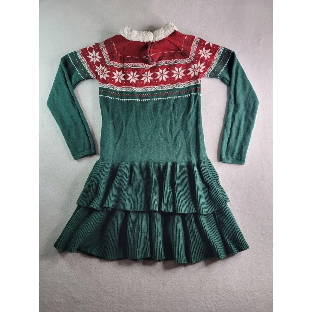 Gymboree Girls Green Red Fair Isle Snowflake Sweater Dress Faux Fur Collar 12